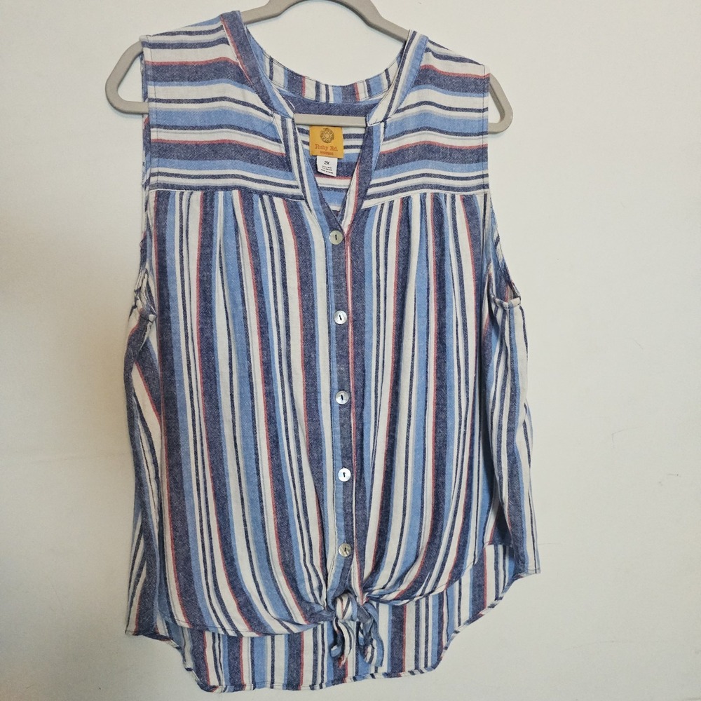 Coastal Ruby Rd. Sleeveless Red White Blue Striped Top 2X Linen Rayon‎